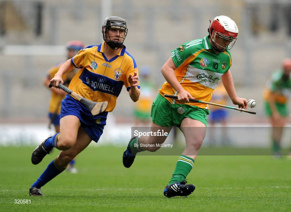 14 September 2008; Siobhan Flannery, Offaly, in action against Jane Scanlon, Clare. Gala All-Ireland Junior Camogie Championship Final, Clare v Offaly, Croke Park, Dublin. Picture credit: Stephen McCarthy / SPORTSFILE *** Local Caption ***