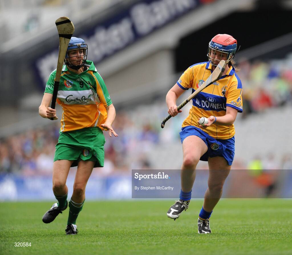 14 September 2008; Chloe Morey, Clare, in action against Karen Nugent, Offaly. Gala All-Ireland Junior Camogie Championship Final, Clare v Offaly, Croke Park, Dublin. Picture credit: Stephen McCarthy / SPORTSFILE