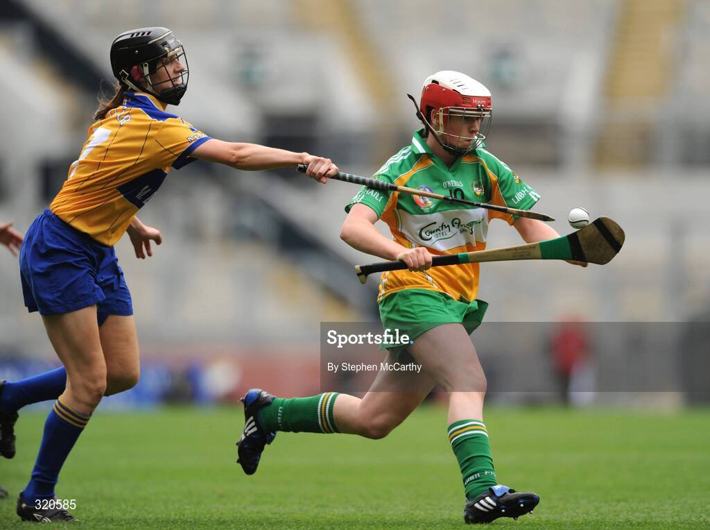 14 September 2008; Siobhan Flannery, Offaly, in action against Jane Scanlon, Clare. Gala All-Ireland Junior Camogie Championship Final, Clare v Offaly, Croke Park, Dublin. Picture credit: Stephen McCarthy / SPORTSFILE *** Local Caption ***