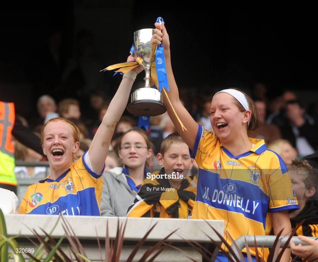 14 September 2008; Clare captain Deirdre Murphy, left, and vice-captain Sharon McMahon lift the cup. Gala All-Ireland Junior Camogie Championship Final, Clare v Offaly, Croke Park, Dublin. Picture credit: Pat Murphy / SPORTSFILE *** Local Caption ***