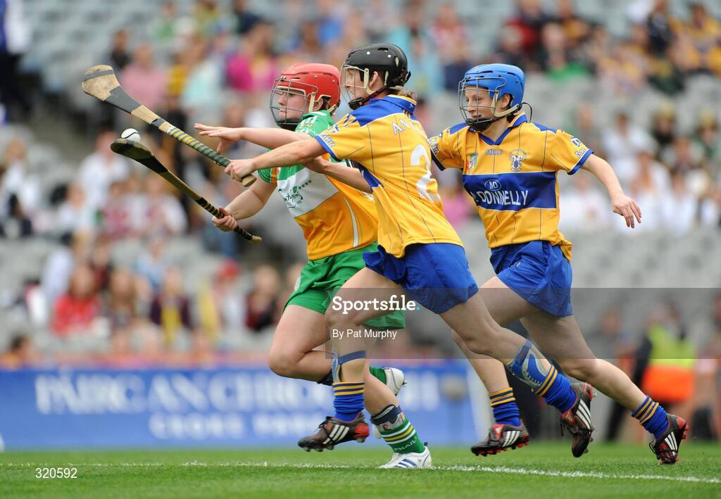 14 September 2008; Jean Brady, Offaly, in action against Cathy Hally, left, and Aimee McInerney, Clare. Gala All-Ireland Junior Camogie Championship Final, Clare v Offaly, Croke Park, Dublin. Picture credit: Pat Murphy / SPORTSFILE *** Local Caption ***