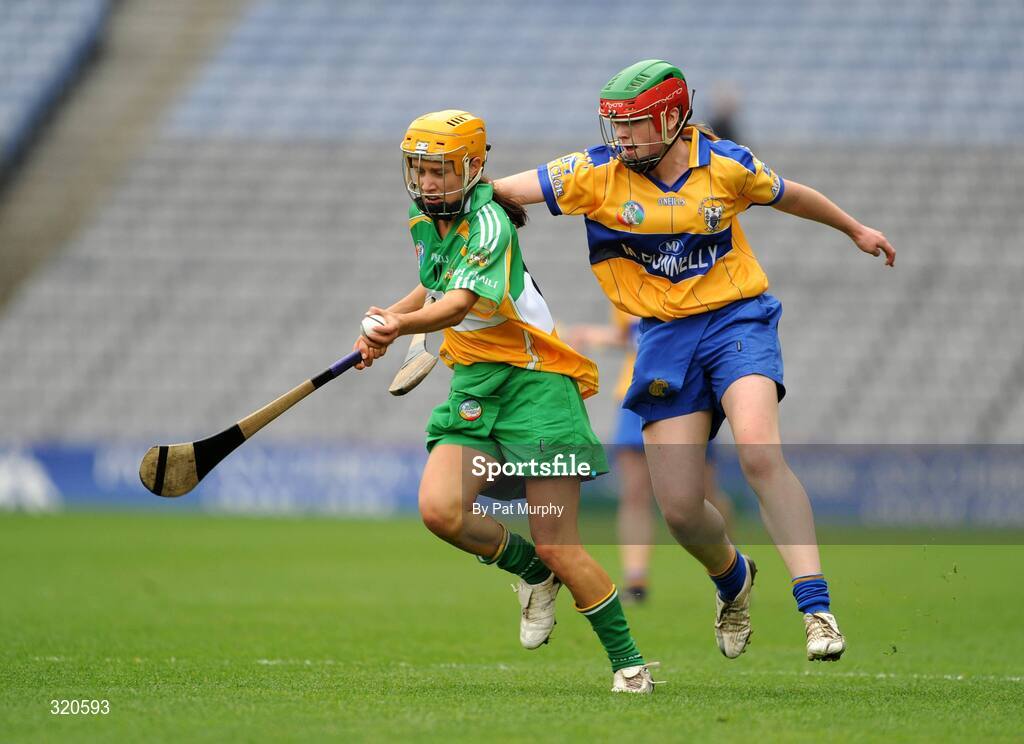 14 September 2008; Tina Hannon, Offaly, in action against Kate Lynch, Clare. Gala All-Ireland Junior Camogie Championship Final, Clare v Offaly, Croke Park, Dublin. Picture credit: Pat Murphy / SPORTSFILE *** Local Caption ***