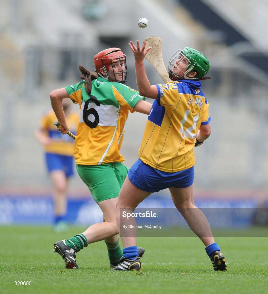 14 September 2008; Claire McMahon, Clare, in action against Michaela Morkan, Offaly. Gala All-Ireland Junior Camogie Championship Final, Clare v Offaly, Croke Park, Dublin. Picture credit: Stephen McCarthy / SPORTSFILE