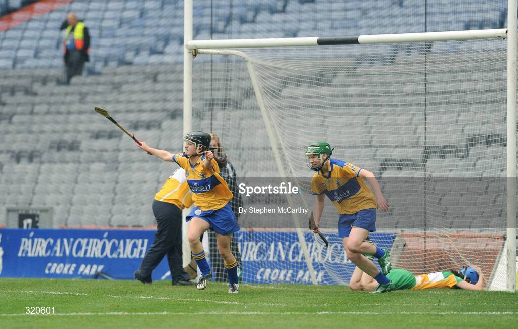 14 September 2008; Shonagh Enright, Clare, left, celebrates after scoring her side's winning goal in injury time. Gala All-Ireland Junior Camogie Championship Final, Clare v Offaly, Croke Park, Dublin. Picture credit: Stephen McCarthy / SPORTSFILE