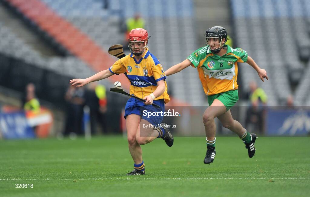 14 September 2008; Deirdre Murphy, Clare, in action against Marion Crean, Offaly. Gala All-Ireland Junior Camogie Championship Final, Clare v Offaly, Croke Park, Dublin. Picture credit: Ray McManus / SPORTSFILE