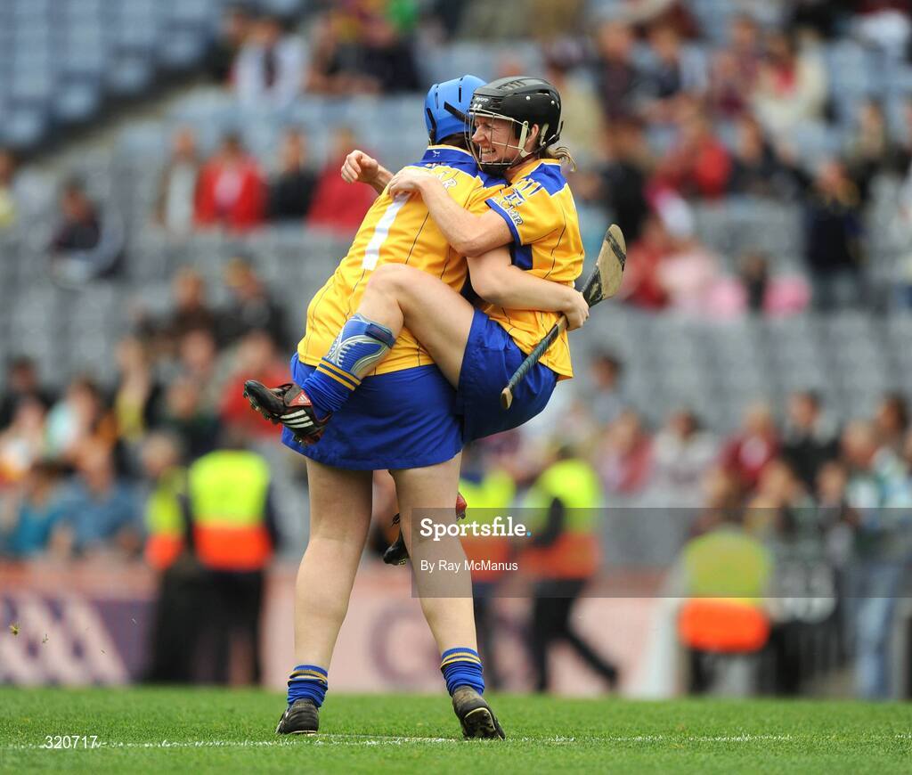 14 September 2008; Clare goal-keeper Denise Lynch and corner-back Cathy Hally celebrate victory. Gala All-Ireland Junior Camogie Championship Final, Clare v Offaly, Croke Park, Dublin. Picture credit: Ray McManus / SPORTSFILE