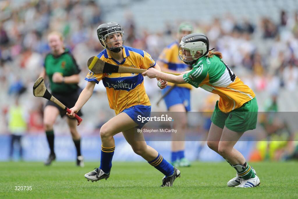 14 September 2008; Shonagh Enright, Clare, in action against Aimee NcInerney, Offaly. Gala All-Ireland Junior Camogie Championship Final, Clare v Offaly, Croke Park, Dublin. Picture credit: Stephen McCarthy / SPORTSFILE