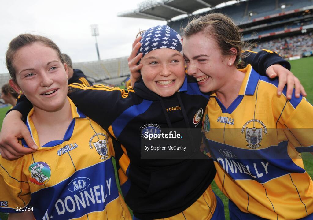 14 September 2008; Clare players, from left, Carina Roseingrave, Chloe Morey and Kate Lynch celebrate their side's victory. Gala All-Ireland Junior Camogie Championship Final, Clare v Offaly, Croke Park, Dublin. Picture credit: Stephen McCarthy / SPORTSFILE