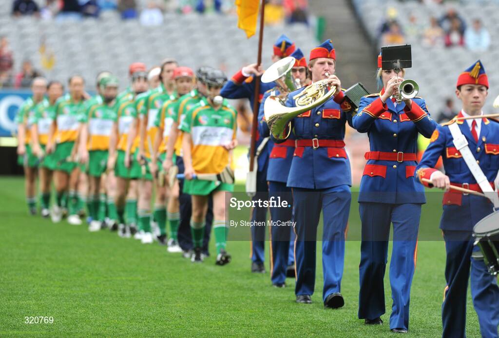 14 September 2008; The Artane Band lead the Offaly team during the pre-match parade. Gala All-Ireland Junior Camogie Championship Final, Clare v Offaly, Croke Park, Dublin. Picture credit: Stephen McCarthy / SPORTSFILE