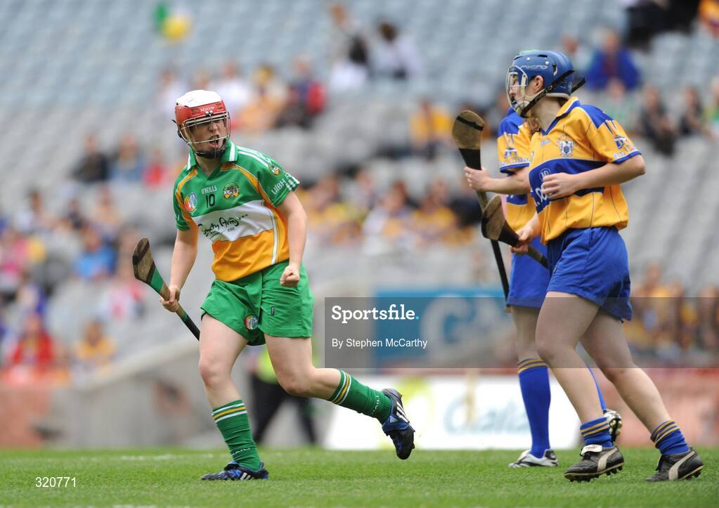 14 September 2008; Siobhan Flannery, Offaly, celebrates a score early in the game. Gala All-Ireland Junior Camogie Championship Final, Clare v Offaly, Croke Park, Dublin. Picture credit: Stephen McCarthy / SPORTSFILE