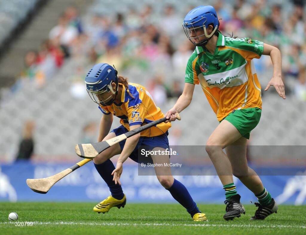 14 September 2008; Carina Roseingrave, Clare, in action against Elaine Darmody, Offaly. Gala All-Ireland Junior Camogie Championship Final, Clare v Offaly, Croke Park, Dublin. Picture credit: Stephen McCarthy / SPORTSFILE