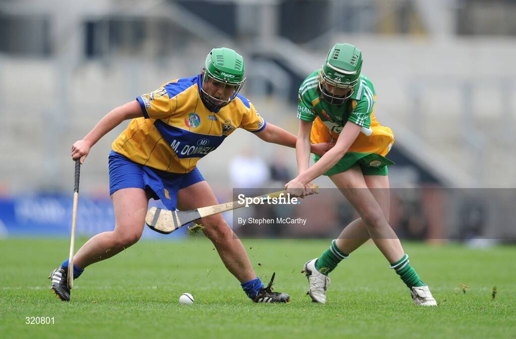 14 September 2008; Shonagh Enright, Clare, in action against Linda Sullivan, Offaly. Gala All-Ireland Junior Camogie Championship Final, Clare v Offaly, Croke Park, Dublin. Picture credit: Stephen McCarthy / SPORTSFILE
