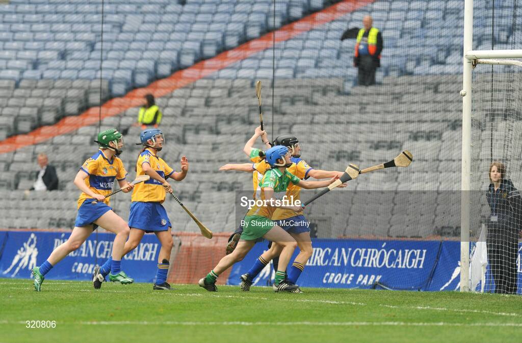 14 September 2008; Shonagh Enright, Clare, right, watches her shot cross the line to score her side's winning goal in the the final minutes of the game. Gala All-Ireland Junior Camogie Championship Final, Clare v Offaly, Croke Park, Dublin. Picture credit: Stephen McCarthy / SPORTSFILE