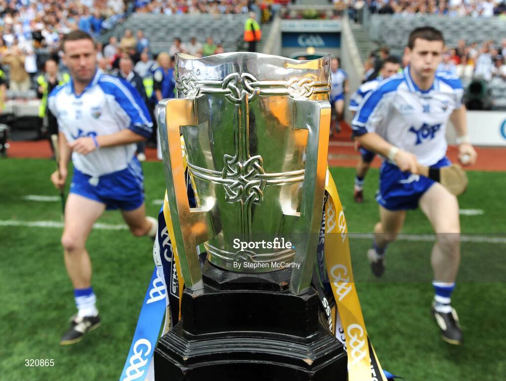 7 September 2008; Waterford players Dave Bennett, left, and Tom Feeney pass the Liam MacCarthy cup as they make their way onto the pitch. GAA Hurling All-Ireland Senior Championship Final, Kilkenny v Waterford, Croke Park, Dublin. Picture credit: Stephen McCarthy / SPORTSFILE