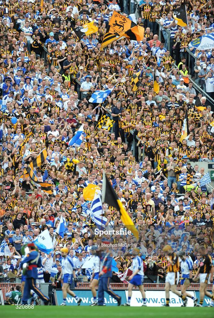 7 September 2008; Kilkenny and Waterford supporters urge on their sides during the pre-match parade. GAA Hurling All-Ireland Senior Championship Final, Kilkenny v Waterford, Croke Park, Dublin. Picture credit: Stephen McCarthy / SPORTSFILE