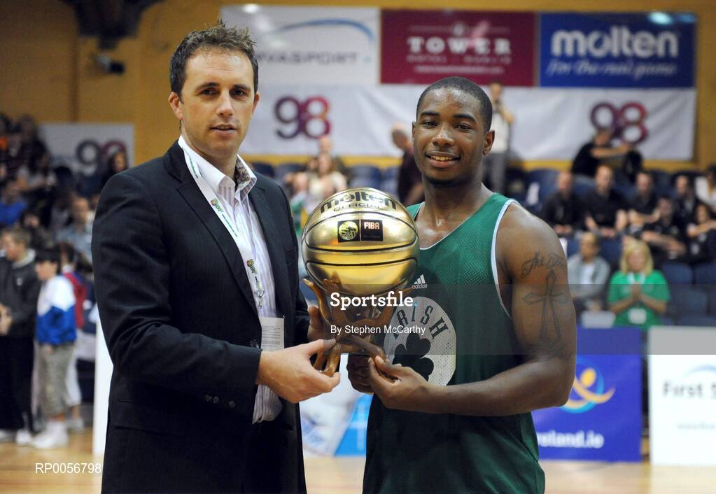 23 August 2008; Karl Donnelly, Marketing Director Basketball Ireland, presents Tory Jackson with the game's MVP award. Emerald Hoops Day 3, Notre Dame v Iceland, National Basketball Arena, Tallaght, Co. Dublin. Picture credit: Stephen McCarthy / SPORTSFILE