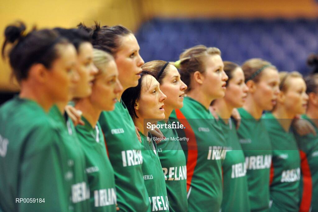 6 September 2008; Lindsay Peat, Ireland, fifth from left, stands with team-mate's during the national anthems ahead of the game. Senior Women's Basketball European Championship - Division B - Group A - Ireland v Iceland, National Basketball Arena, Tallaght, Dublin. Picture credit: Stephen McCarthy / SPORTSFILE