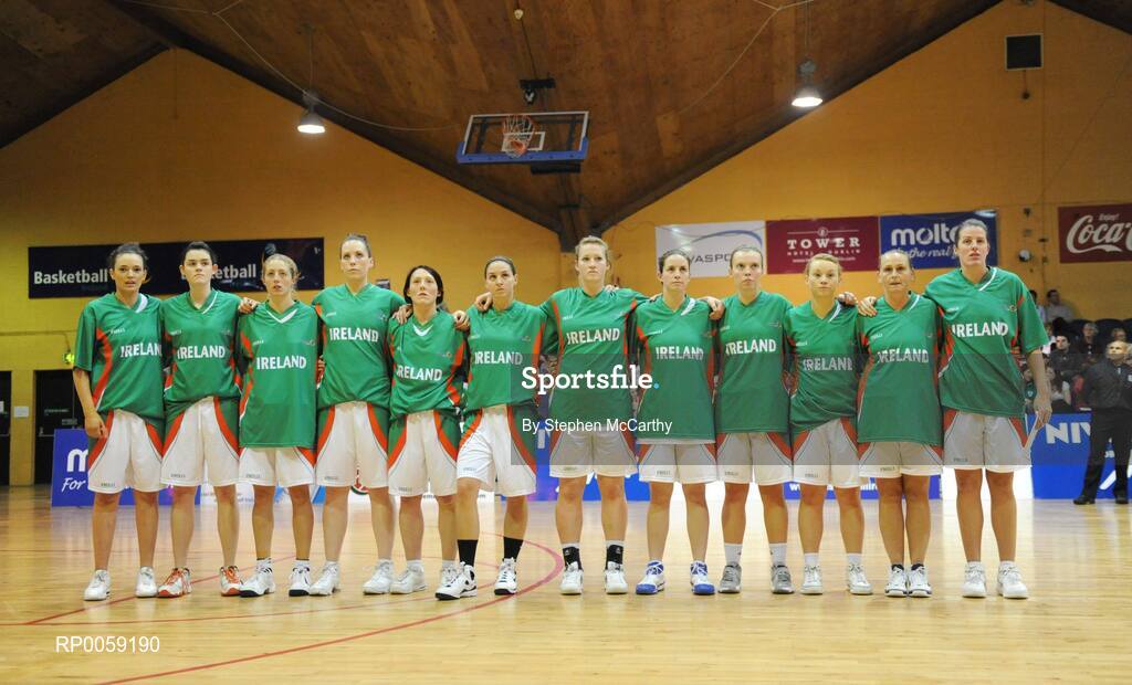 6 September 2008; The Ireland squad stand together during the national anthems. Senior Women's Basketball European Championship - Division B - Group A - Ireland v Iceland, National Basketball Arena, Tallaght, Dublin. Picture credit: Stephen McCarthy / SPORTSFILE