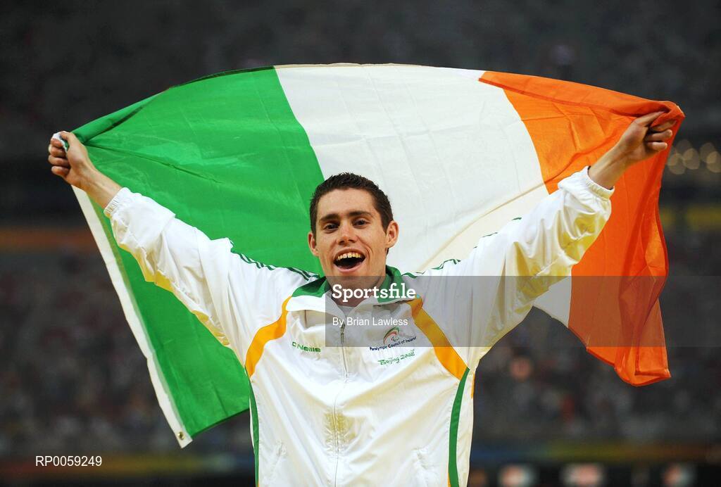 16 September 2008; Ireland's Jason Smyth, from Eglinton, Co. Derry, makes his way to the podium to receive his Gold medal after winning the Men's 200m -T13 Final. Smyth won his second gold of these Paralympic games in a World record time of 21.43 seconds, his first coming in the Men's 100m T13 Final also in a world record time of 10.62. Beijing Paralympic Games 2008, Men's 200m -T13, Final, National Stadium, Olympic Green, Beijing, China. Picture credit: Brian Lawless / SPORTSFILE