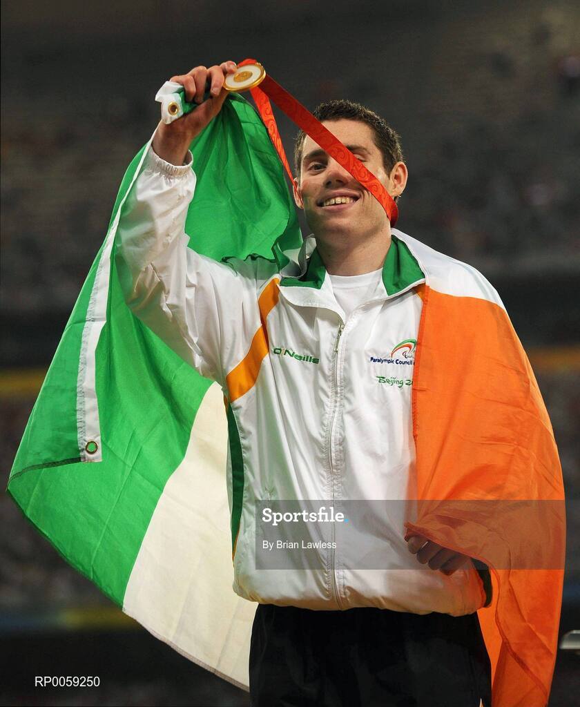 16 September 2008; Ireland's Jason Smyth, from Eglinton, Co. Derry, with is Gold medal after winning the Men's 200m -T13 Final. Smyth won his second gold of these Paralympic games in a World record time of 21.43 seconds, his first coming in the Men's 100m T13 Final also in a world record time of 10.62. Beijing Paralympic Games 2008, Men's 200m -T13, Final, National Stadium, Olympic Green, Beijing, China. Picture credit: Brian Lawless / SPORTSFILE