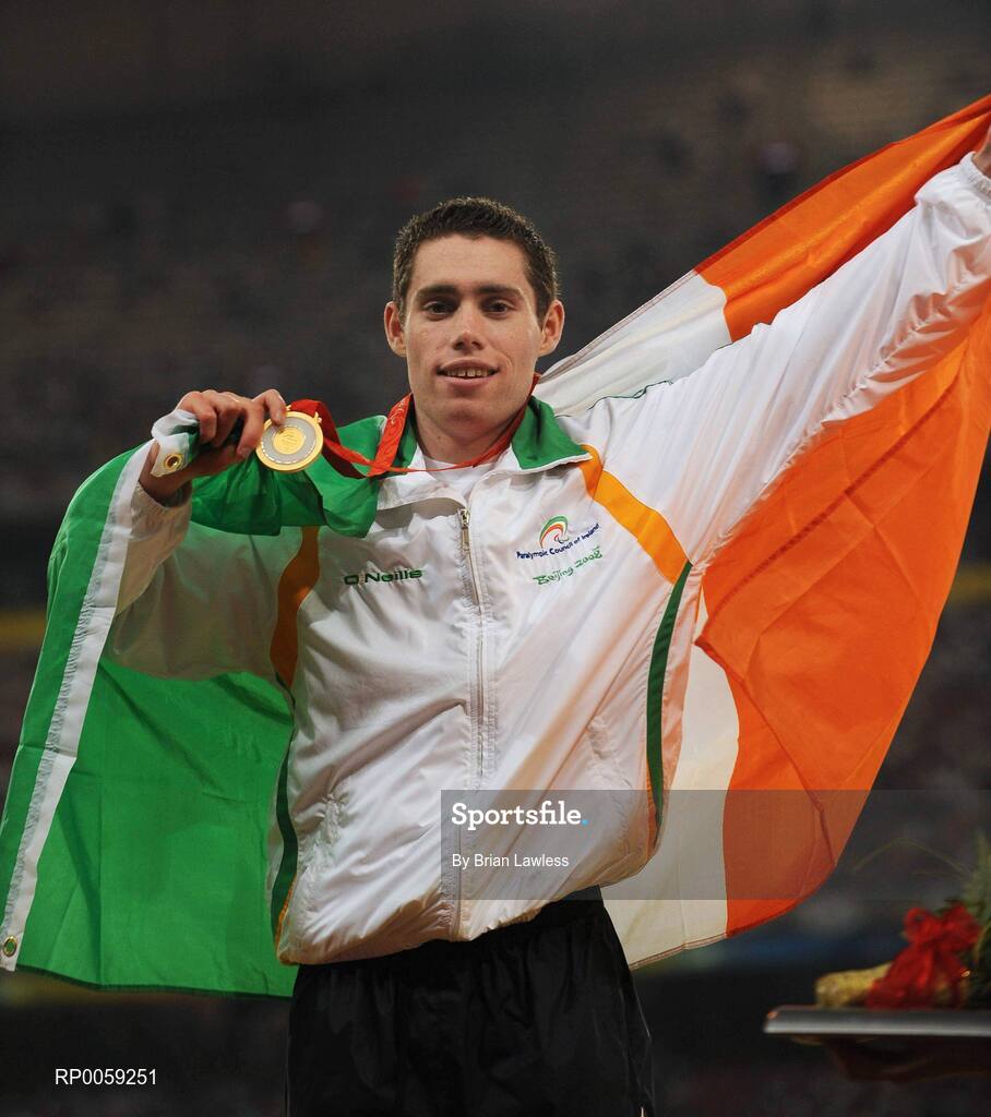 16 September 2008; Ireland's Jason Smyth, from Eglinton, Co. Derry, with is Gold medal after winning the Men's 200m -T13 Final. Smyth won his second gold of these Paralympic games in a World record time of 21.43 seconds, his first coming in the Men's 100m T13 Final also in a world record time of 10.62. Beijing Paralympic Games 2008, Men's 200m -T13, Final, National Stadium, Olympic Green, Beijing, China. Picture credit: Brian Lawless / SPORTSFILE