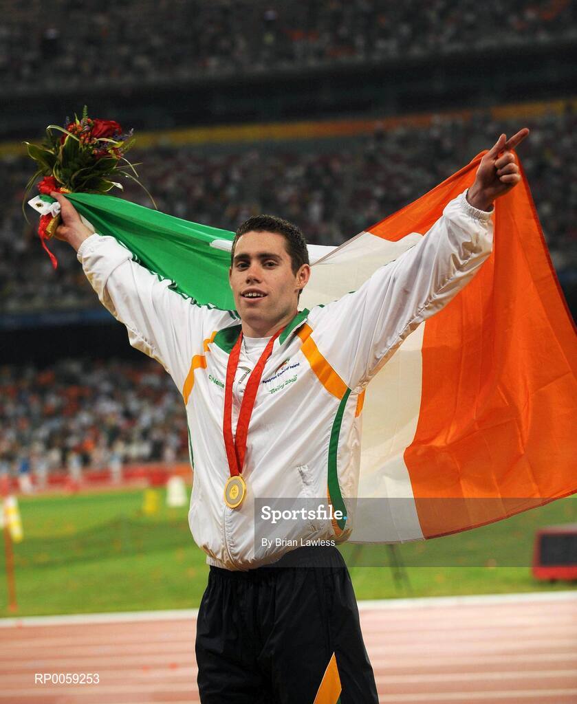 16 September 2008; Ireland's Jason Smyth, from Eglinton, Co. Derry, with is Gold medal after winning the Men's 200m -T13 Final. Smyth won his second gold of these Paralympic games in a World record time of 21.43 seconds, his first coming in the Men's 100m T13 Final also in a world record time of 10.62. Beijing Paralympic Games 2008, Men's 200m -T13, Final, National Stadium, Olympic Green, Beijing, China. Picture credit: Brian Lawless / SPORTSFILE