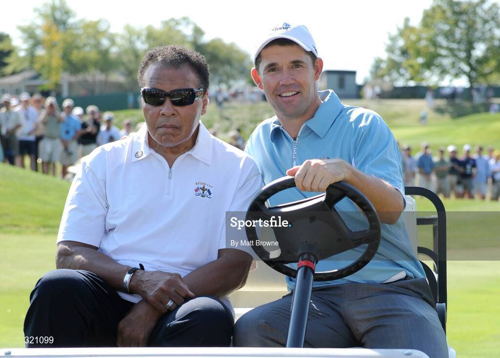 18 September 2008; Padraig Harrington, Team Europe 2008, with former World Champion Muhammad Ali on the first fairway during the final day of practice. 37th Ryder Cup, Valhalla Golf Club, Louisville, Kentucky, USA. Picture credit: Matt Browne / SPORTSFILE