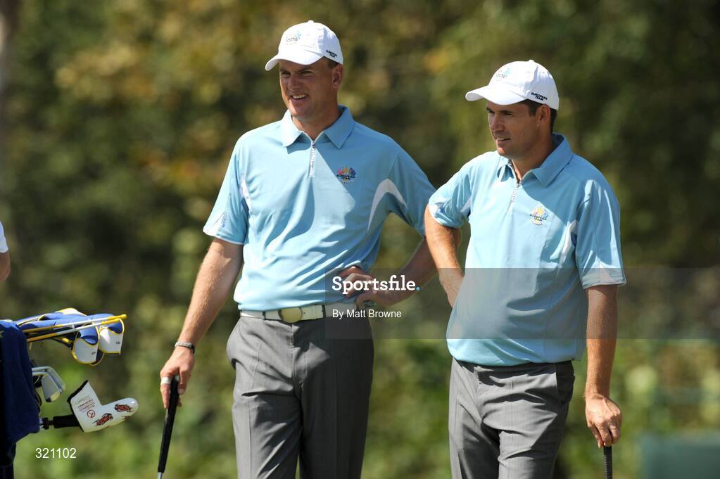 18 September 2008; Padraig Harrington, right, and Robert Karlsson, Team Europe 2008, on the 8th green during the final day of practice. 37th Ryder Cup, Valhalla Golf Club, Louisville, Kentucky, USA. Picture credit: Matt Browne / SPORTSFILE