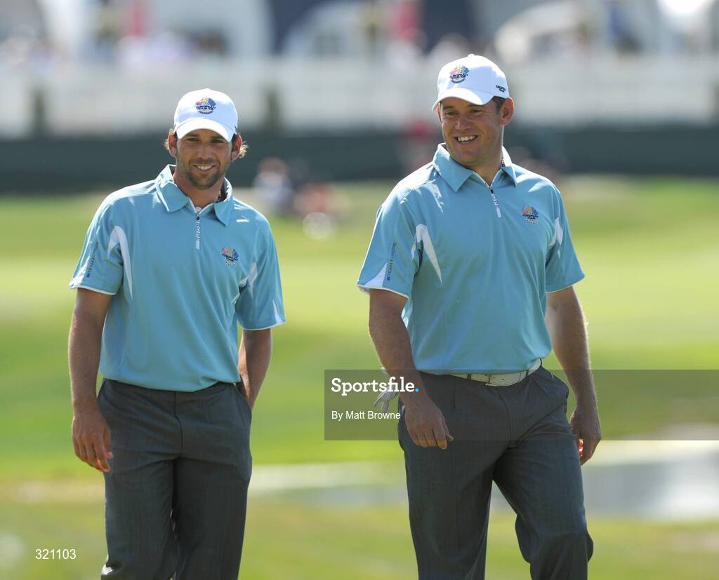 18 September 2008; Sergio Garcia and Lee Westwood, Team Europe 2008, on the 7th green during the final day of practice. 37th Ryder Cup, Valhalla Golf Club, Louisville, Kentucky, USA. Picture credit: Matt Browne / SPORTSFILE