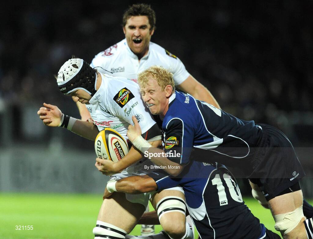 19 September 2008; Ryan Jones, Ospreys, is tackled by Leo Cullen and Isa Nacewa, 10, Leinster. Magners League, Leinster v Neath Swansea Ospreys, RDS, Dublin. Picture credit: Brendan Moran / SPORTSFILE