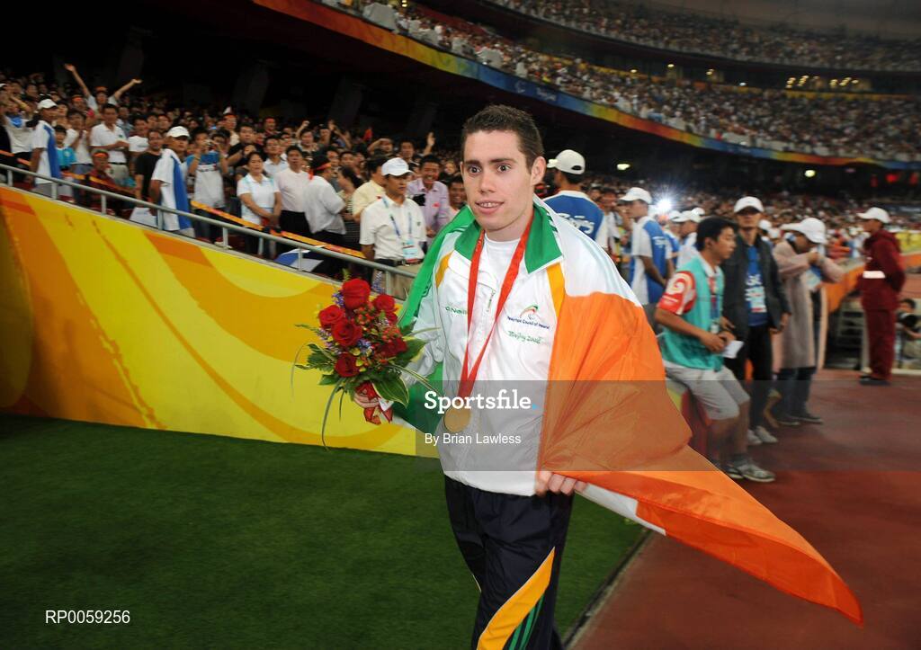 16 September 2008; Ireland's Jason Smyth, from Eglinton, Co. Derry, after receiving his Gold for the Men's 200m -T13 Final. Smyth won his second gold of these Paralympic games in a World record time of 21.43 seconds, his first coming in the Men's 100m T13 Final also in a world record time of 10.62. Beijing Paralympic Games 2008, Men's 200m -T13, Final, National Stadium, Olympic Green, Beijing, China. Picture credit: Brian Lawless / SPORTSFILE
