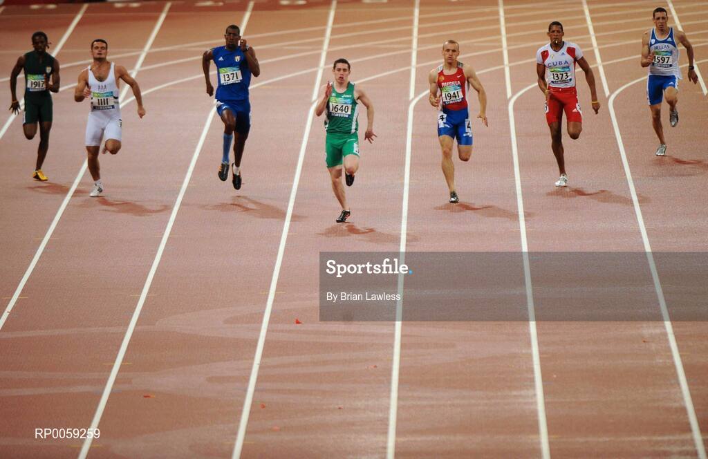 16 September 2008; Ireland's Jason Smyth, from Eglinton, Co. Derry, leads the Men's 200m -T13 Final, from left, Jonathan Ntutu, South Africa, Vugar Mehdiyev, Azerbaijan, Luis Manuel Galano, Cuba, Alexey Labzin, Russia, Luis Felipe Gutierrez, Cuba, and Loannis Protos, Greece, on his way to winning gold. Smyth won his second gold of these Paralympic games in a World record time of 21.43 seconds, his first coming in the Men's 100m T13 Final also in a world record time of 10.62. Beijing Paralympic Games 2008, Men's 200m -T13, Final, National Stadium, Olympic Green, Beijing, China. Picture credit: Brian Lawless / SPORTSFILE