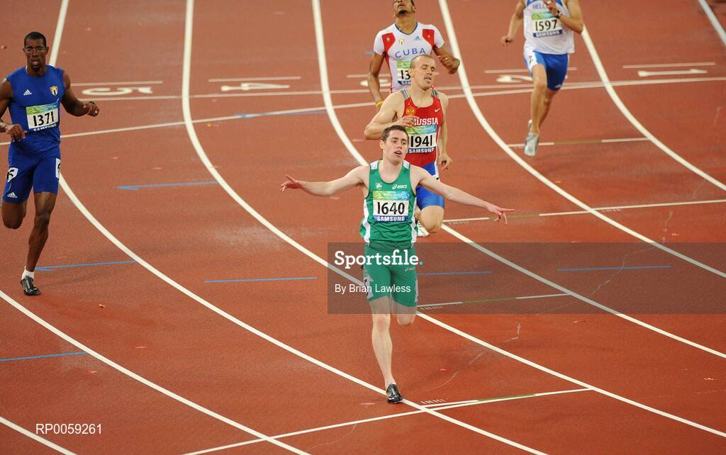 16 September 2008; Ireland's Jason Smyth, from Eglinton, Co. Derry, celebrates winning the Men's 200m -T13 Final. Smyth won his second gold of these Paralympic games in a World record time of 21.43 seconds, his first coming in the Men's 100m T13 Final also in a world record time of 10.62. Beijing Paralympic Games 2008, Men's 200m -T13, Final, National Stadium, Olympic Green, Beijing, China. Picture credit: Brian Lawless / SPORTSFILE