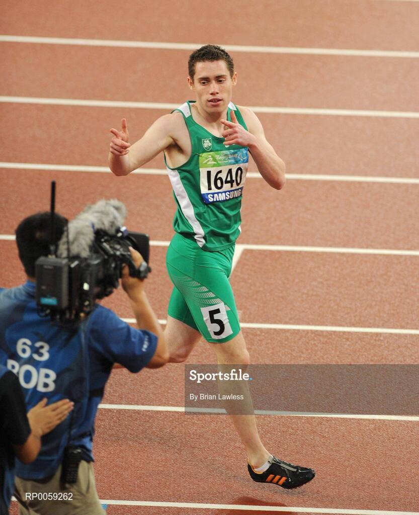 16 September 2008; Ireland's Jason Smyth, from Eglinton, Co. Derry, celebrates winning the Men's 200m -T13 Final. Smyth won his second gold of these Paralympic games in a World record time of 21.43 seconds, his first coming in the Men's 100m T13 Final also in a world record time of 10.62. Beijing Paralympic Games 2008, Men's 200m -T13, Final, National Stadium, Olympic Green, Beijing, China. Picture credit: Brian Lawless / SPORTSFILE