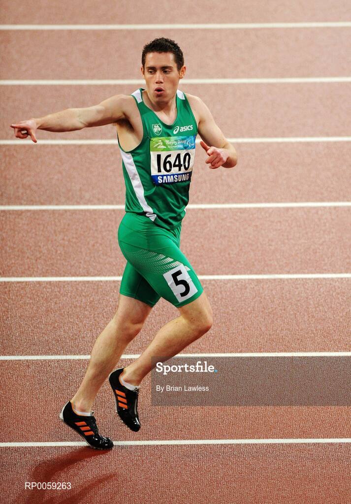 16 September 2008; Ireland's Jason Smyth, from Eglinton, Co. Derry, celebrates winning the Men's 200m -T13 Final. Smyth won his second gold of these Paralympic games in a World record time of 21.43 seconds, his first coming in the Men's 100m T13 Final also in a world record time of 10.62. Beijing Paralympic Games 2008, Men's 200m -T13, Final, National Stadium, Olympic Green, Beijing, China. Picture credit: Brian Lawless / SPORTSFILE