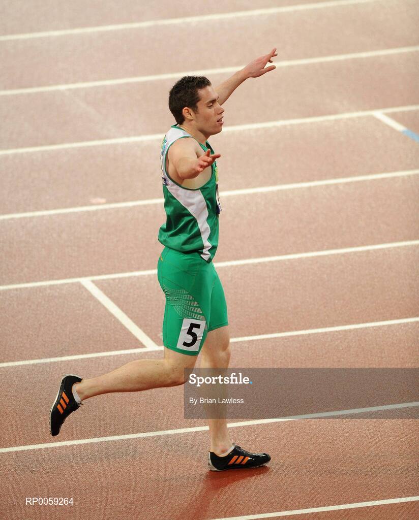 16 September 2008; Ireland's Jason Smyth, from Eglinton, Co. Derry, celebrates winning the Men's 200m -T13 Final. Smyth won his second gold of these Paralympic games in a World record time of 21.43 seconds, his first coming in the Men's 100m T13 Final also in a world record time of 10.62. Beijing Paralympic Games 2008, Men's 200m -T13, Final, National Stadium, Olympic Green, Beijing, China. Picture credit: Brian Lawless / SPORTSFILE