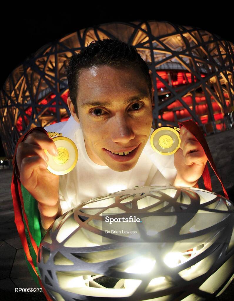 16 September 2008; Ireland's Jason Smyth, from Eglinton, Co. Derry, shows his two gold medals after his win in the Men's 200m -T13 Final. Smyth won his second gold of these Paralympic games in a World record time of 21.43 seconds, his first coming in the Men's 100m T13 Final also in a world record time of 10.62. Beijing Paralympic Games 2008, Men's 200m -T13, Final, National Stadium, Olympic Green, Beijing, China. Picture credit: Brian Lawless / SPORTSFILE