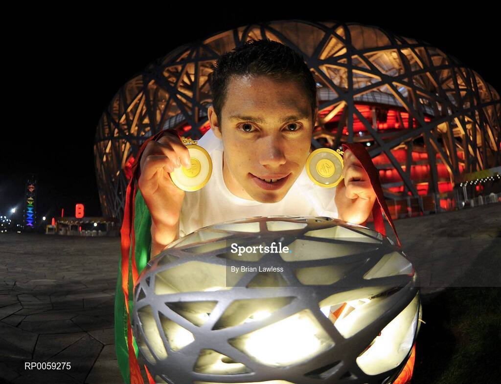 16 September 2008; Ireland's Jason Smyth, from Eglinton, Co. Derry, shows his two gold medals after his win in the Men's 200m -T13 Final. Smyth won his second gold of these Paralympic games in a World record time of 21.43 seconds, his first coming in the Men's 100m T13 Final also in a world record time of 10.62. Beijing Paralympic Games 2008, Men's 200m -T13, Final, National Stadium, Olympic Green, Beijing, China. Picture credit: Brian Lawless / SPORTSFILE
