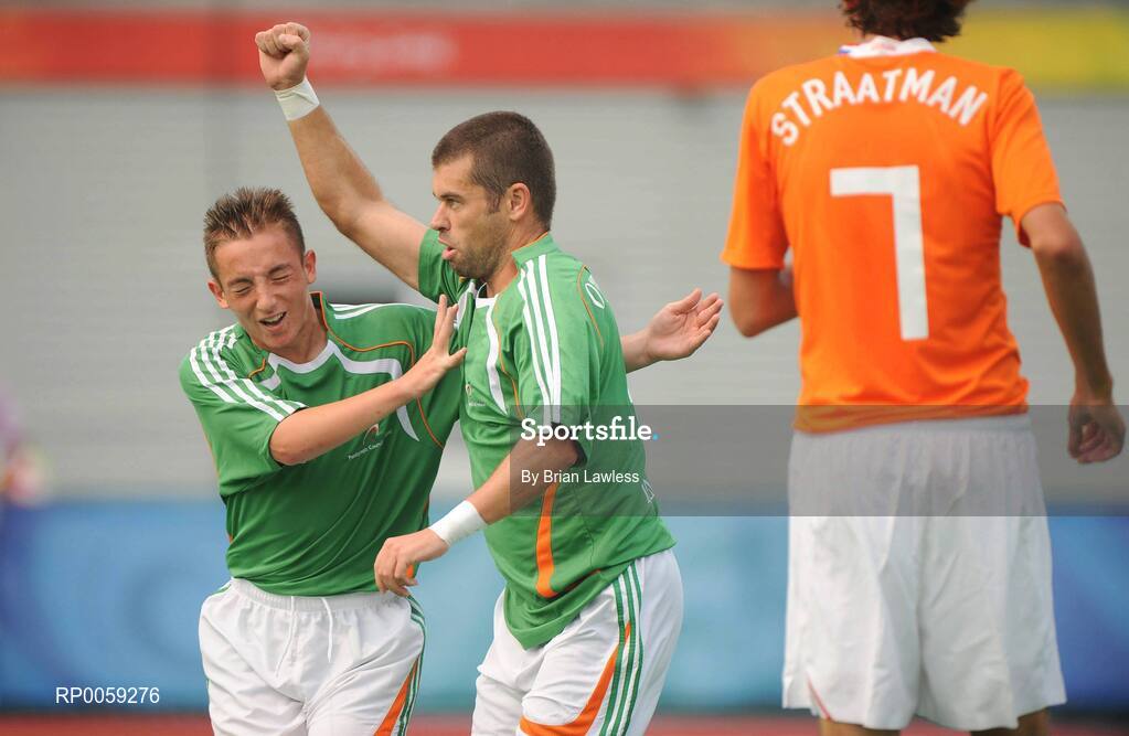 16 September 2008; Ireland's Finbarr O'Riordan, right, from Mitchelstown, Cork, celebrates with team-mate Mark Jones, from Belfast, Antrim, after scoring his side's first goal. Ireland finished 6th overall for the competition after a 4-2 defeat to the Dutch, the result is an improvement of 2 places on their Athens finish four years ago. Beijing Paralympic Games 2008, Ireland v Great Britain, 7-A-Side Soccer, 5th-6th Place - Match 18, Olympic Green Hockey Field A, Beijing, China. Picture credit: Brian Lawless / SPORTSFILE