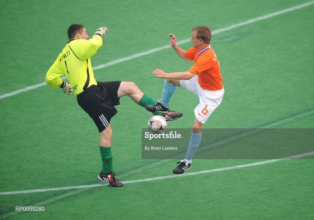16 September 2008; Joe Markey, Ireland, from Clontibret, Monaghan, in action against Johannes Swinkels, Holland. Ireland finished 6th overall for the competition after a 4-2 defeat to the Dutch, the result is an improvement of 2 places on their Athens finish four years ago. Beijing Paralympic Games 2008, Ireland v Great Britain, 7-A-Side Soccer, 5th-6th Place - Match 18, Olympic Green Hockey Field A, Beijing, China. Picture credit: Brian Lawless / SPORTSFILE