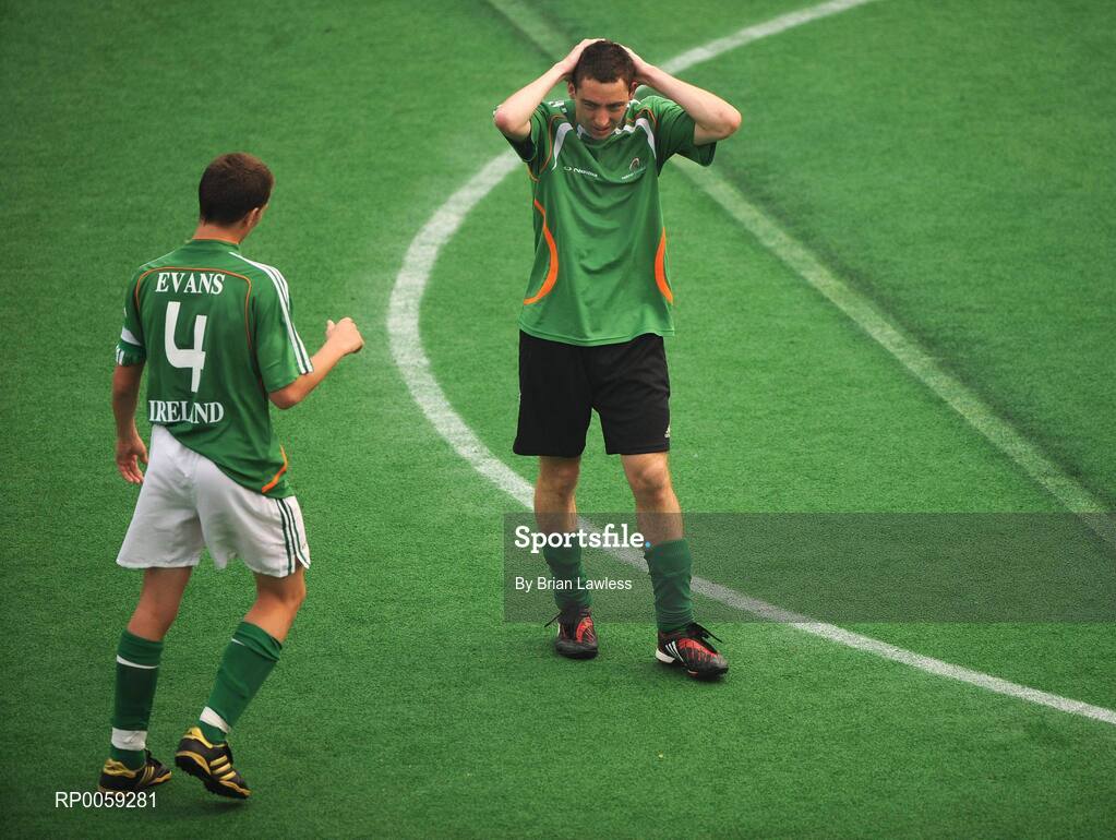 16 September 2008; Joe Markey, Ireland, from Clontibret, Monaghan, looks to team-mate Luke Evans, Artane, Dublin, left, after he had a near miss at goal. Ireland finished 6th overall for the competition after a 4-2 defeat to the Dutch, the result is an improvement of 2 places on their Athens finish four years ago. Beijing Paralympic Games 2008, Ireland v Great Britain, 7-A-Side Soccer, 5th-6th Place - Match 18, Olympic Green Hockey Field A, Beijing, China. Picture credit: Brian Lawless / SPORTSFILE