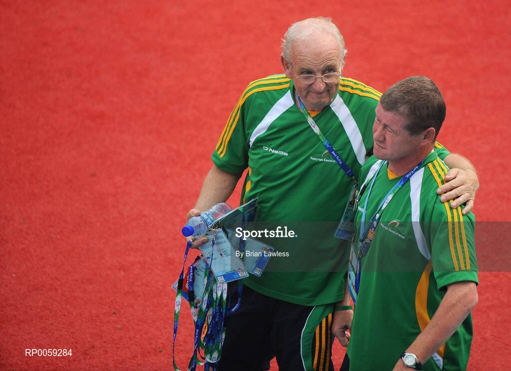 16 September 2008; Chef de Mission Jimmy Byrne, from Killester, Dublin, with manager Paul Cassin, from Coolock, Dublin, after the match. Ireland finished 6th overall for the competition after a 4-2 defeat to the Dutch, the result is an improvement of 2 places on their Athens finish four years ago. Beijing Paralympic Games 2008, Ireland v Great Britain, 7-A-Side Soccer, 5th-6th Place - Match 18, Olympic Green Hockey Field A, Beijing, China. Picture credit: Brian Lawless / SPORTSFILE