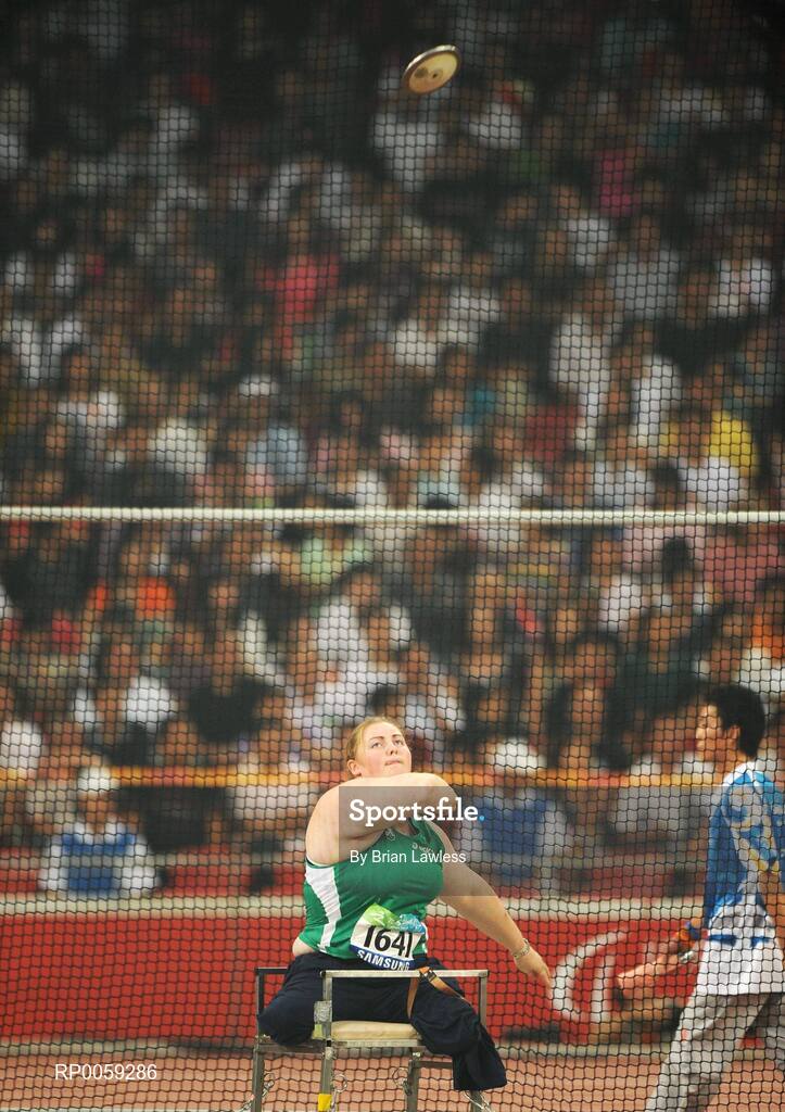 16 September 2008; Ireland's Orla Barry, from Ladysbridge, Cork, in action during the Women's Discus F57/58 final. Orla finshed in 5th position overall with a distance of 27.08m. Beijing Paralympic Games 2008, Women's Discus F57/58 final, National Stadium, Olympic Green, Beijing, China. Picture credit: Brian Lawless / SPORTSFILE