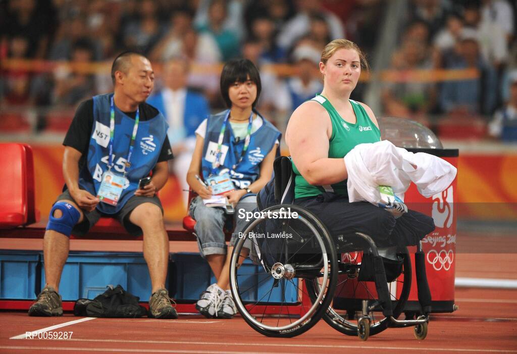 16 September 2008; Ireland's Orla Barry, from Ladysbridge, Cork, after competing in the Women's Discus F57/58 final. Orla finshed in 5th position overall with a distance of 27.08m. Beijing Paralympic Games 2008, Women's Discus F57/58 final, National Stadium, Olympic Green, Beijing, China. Picture credit: Brian Lawless / SPORTSFILE