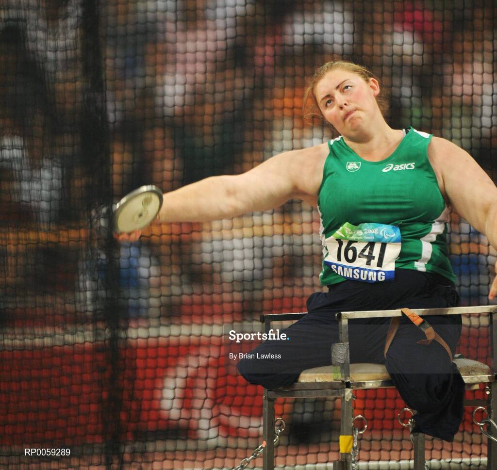 16 September 2008; Ireland's Orla Barry, from Ladysbridge, Cork, in action during the Women's Discus F57/58 final. Orla finshed in 5th position overall with a distance of 27.08m. Beijing Paralympic Games 2008, Women's Discus F57/58 final, National Stadium, Olympic Green, Beijing, China. Picture credit: Brian Lawless / SPORTSFILE