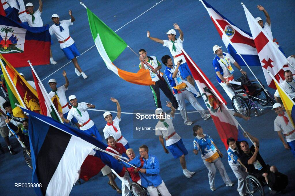 16 September 2008; Ireland's Finbarr O'Riordan, from Mitchelstown, Cork, a member of the 7-A-Side soccer team, carries the Tri-Colour during the Closing Ceremony. Beijing Paralympic Games 2008, Closing Ceremony, National Stadium, Olympic Green, Beijing, China. Picture credit: Brian Lawless / SPORTSFILE