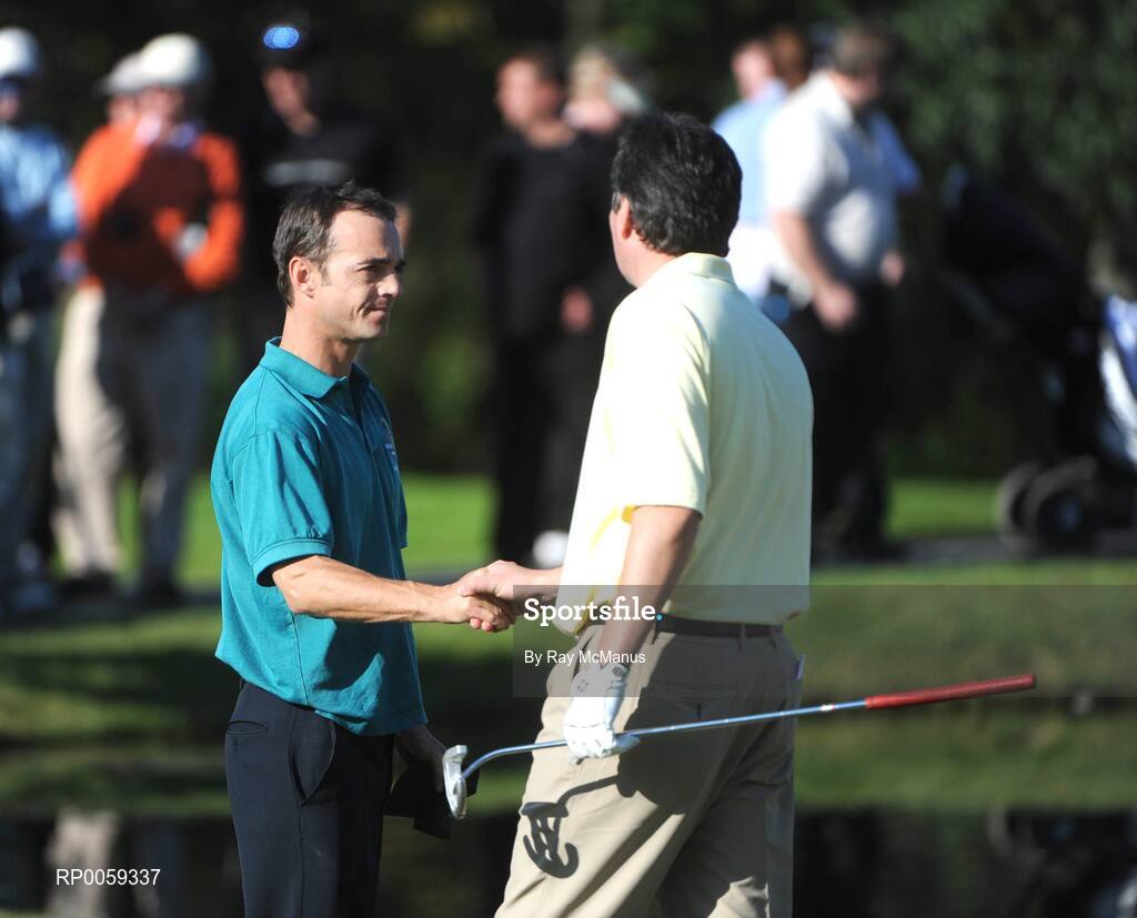 17 September 2008; Stephen Lydon, left, Ballina Golf Club, is congratulated by  Adare Manor's Brian Hickey after their Bulmers Junior Cup Semi-Final. Bulmers Cups and Shields Finals 2008, Monkstown Golf Club, Parkgarriff, Monkstown, Co. Cork. Picture credit: Ray McManus / SPORTSFILE