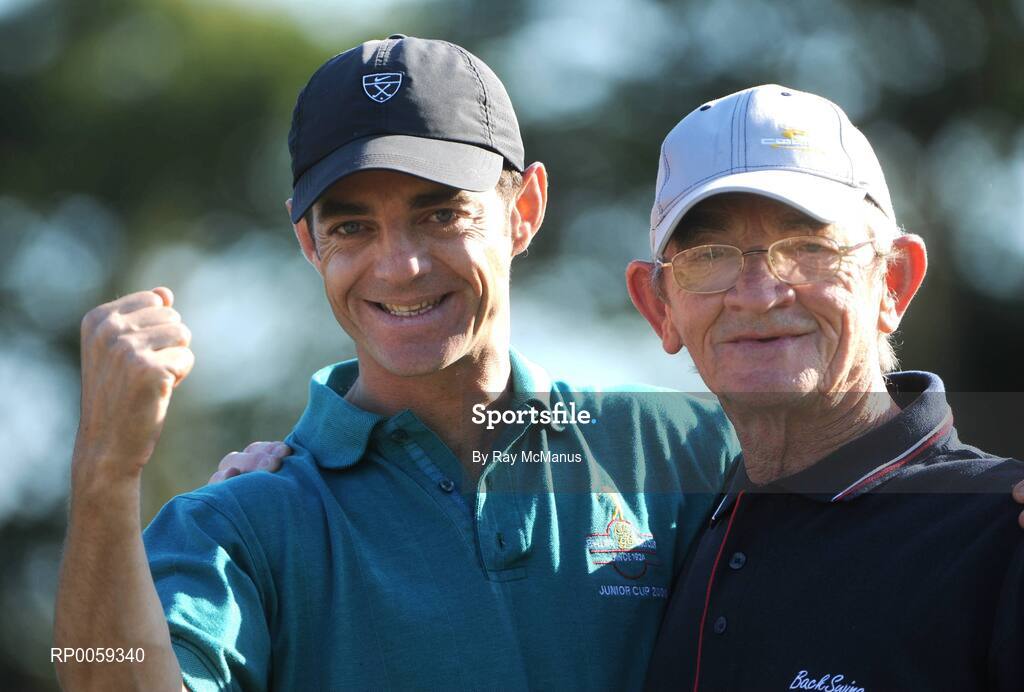 17 September 2008; Stephen Lydon celebrates his 1 up victory for Ballina Golf Club over Adare Manor with his dad Austin in the Bulmers Junior Cup Semi-Finals. Bulmers Cups and Shields Finals 2008, Monkstown Golf Club, Parkgarriff, Monkstown, Co. Cork. Picture credit: Ray McManus / SPORTSFILE