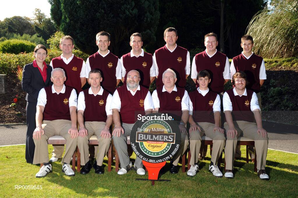 18 September 2008; Naas Golf Club who were defeated by Ballina in the Final of the Bulmers Junior Cup, back row left to right, Anne Hogan, Bulmers Brand Manager; Gavin Lunny; Jean Paul Kelly; Gus Fitzpatrick; Seamus McCormack, Assistant Team Manager; Eoin McCormack; Mark Holms. Front row, left to right, Ray Lynch; Dermot Keane; Jim Fennell, Club Captain; Gerry Prendergast, Team Manager; Conor Oâ€™Rourke; David Prendergast. Bulmers Junior Cup Final. Bulmers Cups and Shields Finals 2008, Monkstown Golf Club, Parkgarriff, Monkstown, Co. Cork. Picture credit: Ray McManus / SPORTSFILE
