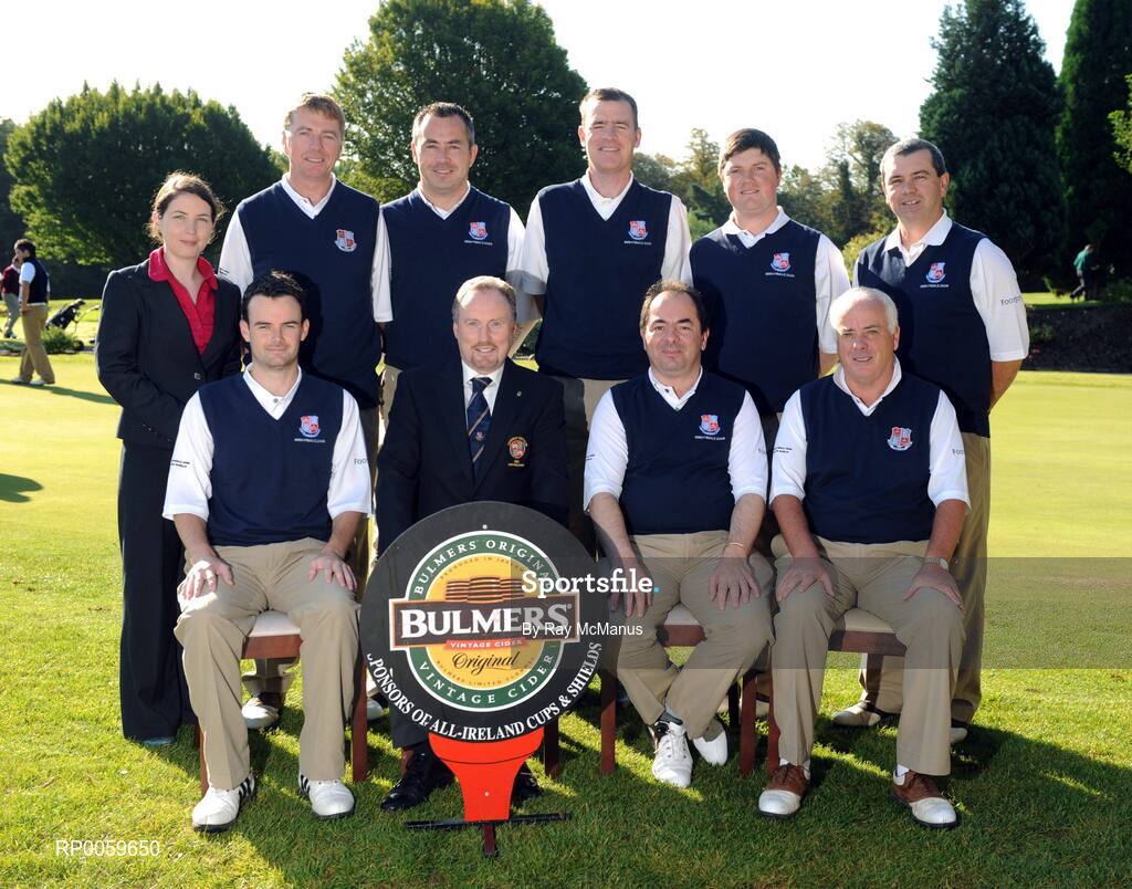 17 September 2008; Limerick Golf Club who were defeated by Portmarnock in the Final of the Bulmers Barton Shield, back row left to right, Anne Hogan, Bulmers Brand Manager; Juan Fitzgerald; Pat Murray; Mike Kemmy; Michael O’Kelly; Ger Vaughan. Front Row, left to right, Martin Poucher; Martin Leyden, Club Captain; Peter English, Team Captain; Dermot Morris. Bulmers Barton Shield Final. Bulmers Cups and Shields Finals 2008, Monkstown Golf Club, Parkgarriff, Monkstown, Co. Cork. Picture credit: Ray McManus / SPORTSFILE